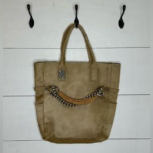 Vintage Falor Made in Italy Purse Tan Leather Hide with Silver Chain and Beads